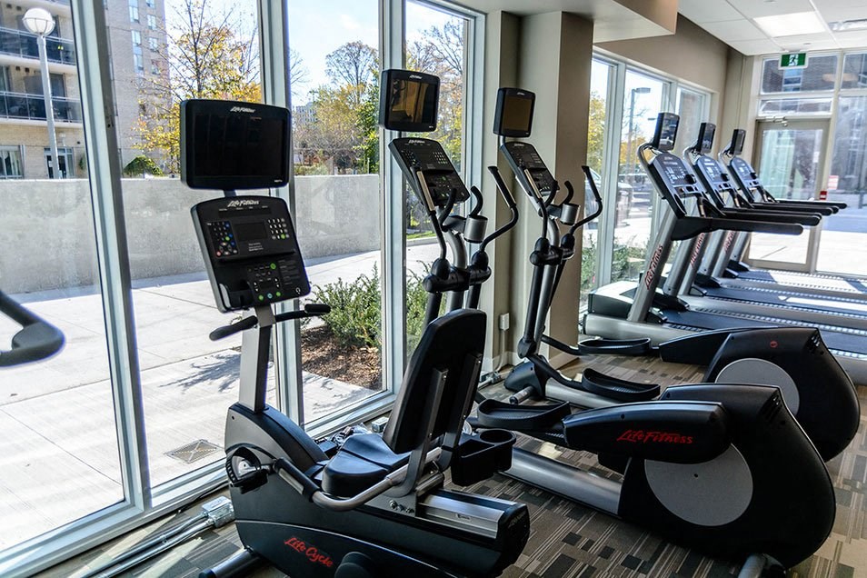 a row of exercise equipment in a gym with large windows