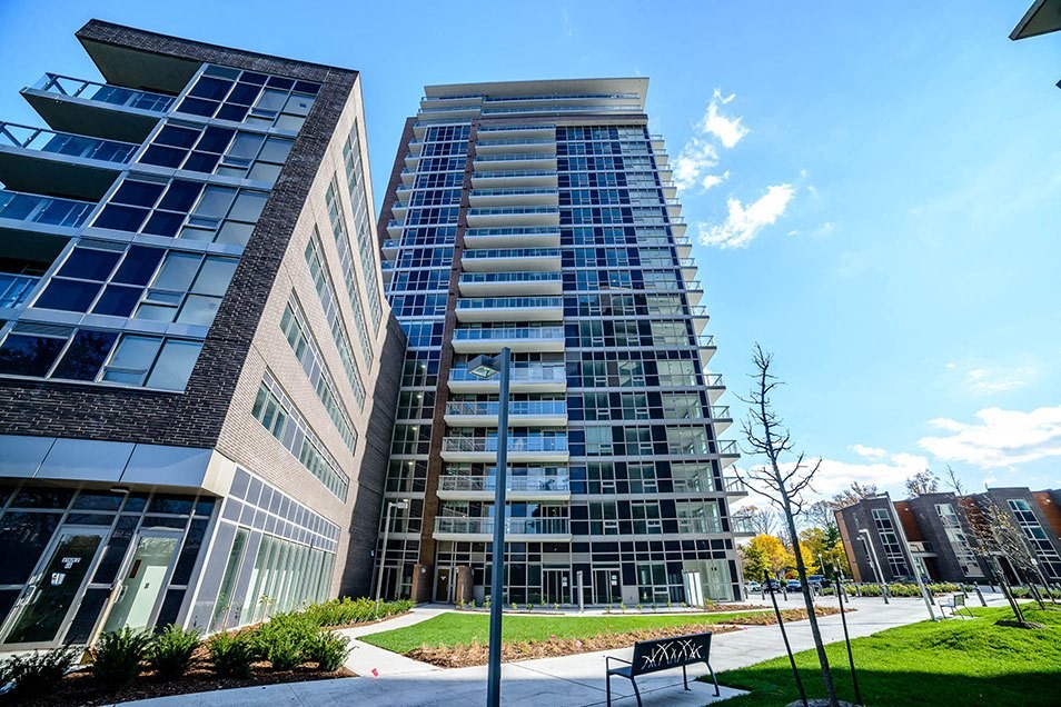 a view of a building with a bench in front of it