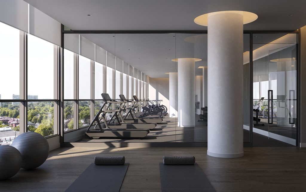 a row of yoga machines in a gym with large windows