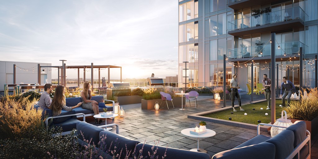 a rendering of a rooftop terrace with people sitting on couches and a building