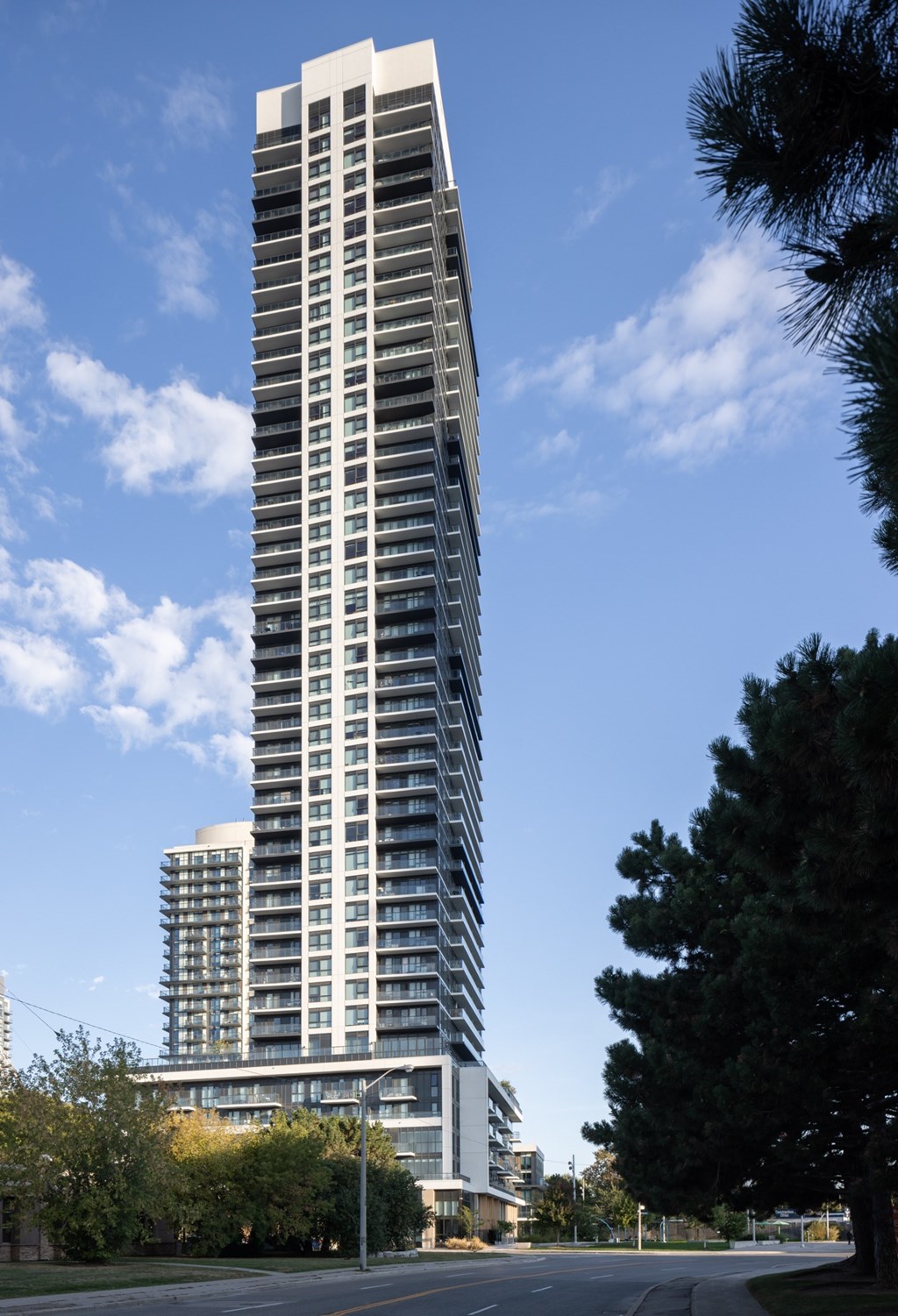A tall building with many windows stands next to a tree.