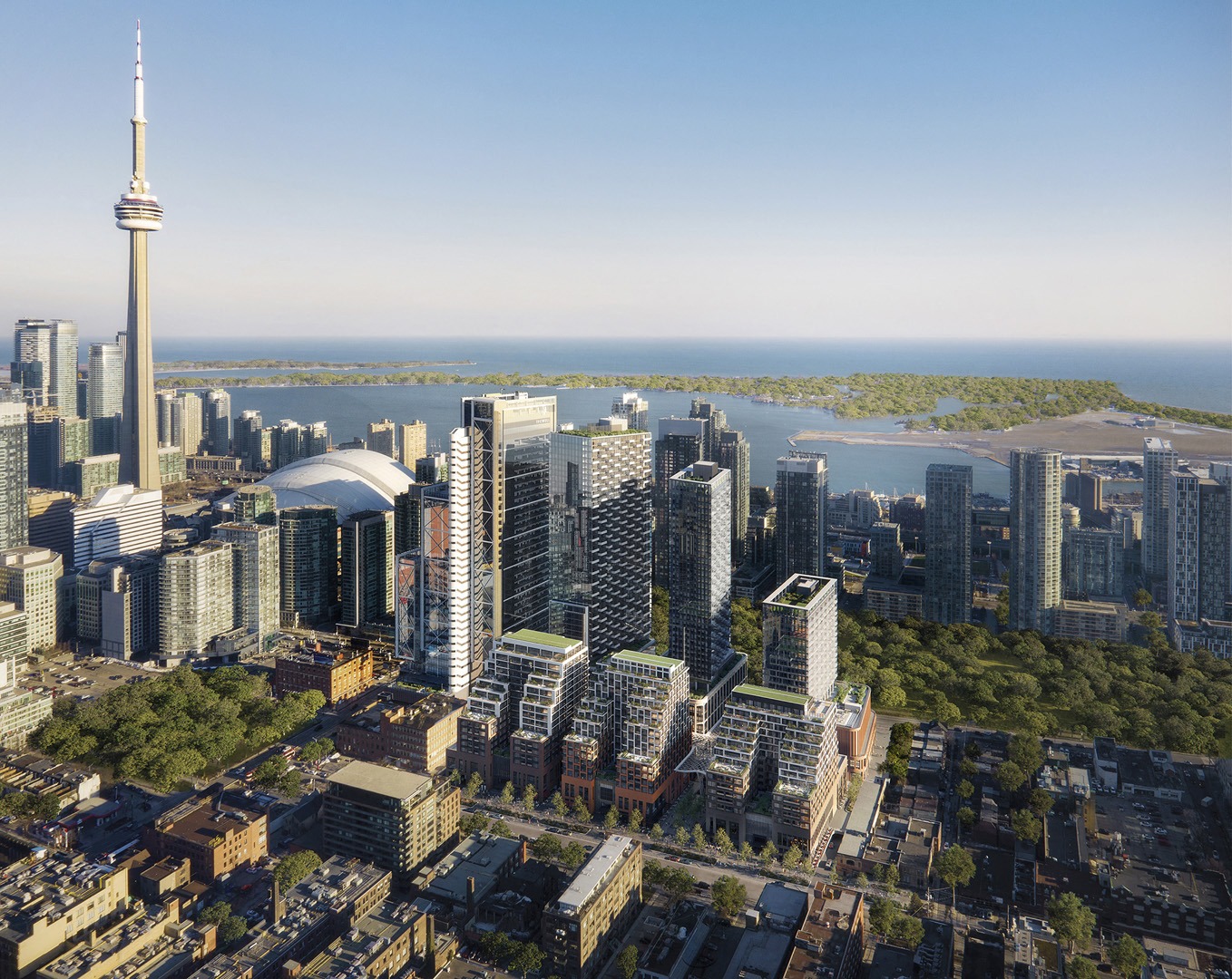 A cityscape with a tall tower in the background.