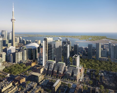 A cityscape with a tall tower in the background.