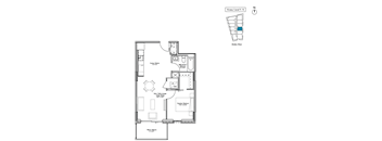 A floor plan of a property with a kitchen, living room, and bathrooms.
