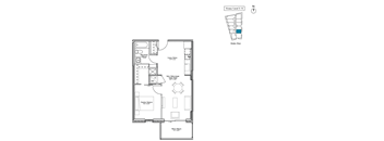 A floor plan of a property with a living room, kitchen, and bathroom.