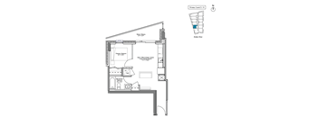 A floor plan of a residence with a living room, dining room, kitchen, and bathrooms.