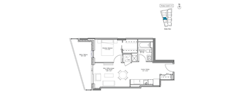 A floor plan of a house with a kitchen, living room, and bathrooms.