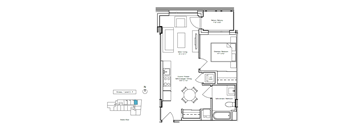 A floor plan of a house with a living room, two bedrooms, a bathroom, and a kitchen.