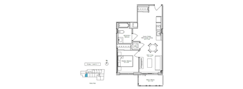 A floor plan of a house with a living room, kitchen, dining room, and two bedrooms.