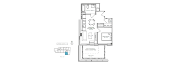 A floor plan of a house with a kitchen, dining room, and bathroom.