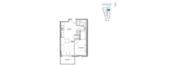 A floor plan of a house with a living room, kitchen, dining room, and two bedrooms.