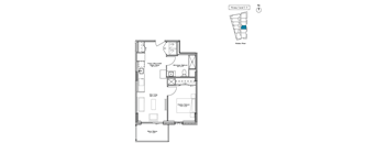 A floor plan of a house with a kitchen, living room, and bathrooms.