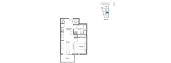 A floor plan of a property with a kitchen, living room, and bathroom.