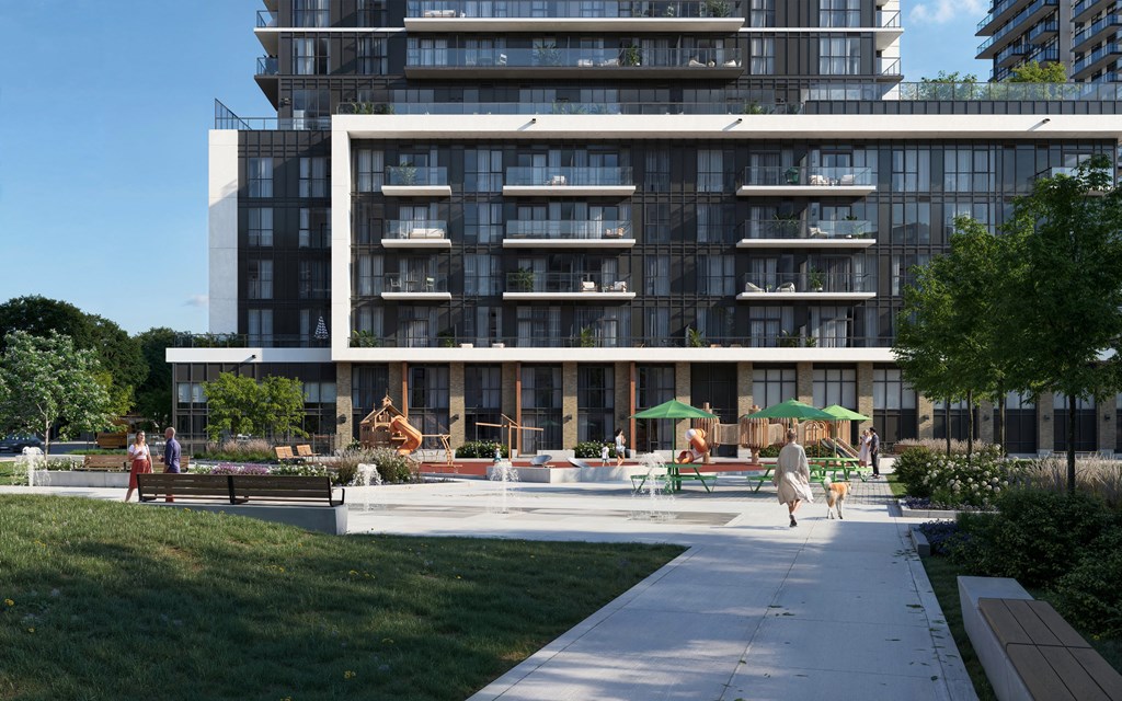 a rendering of an apartment building with a park and fountain