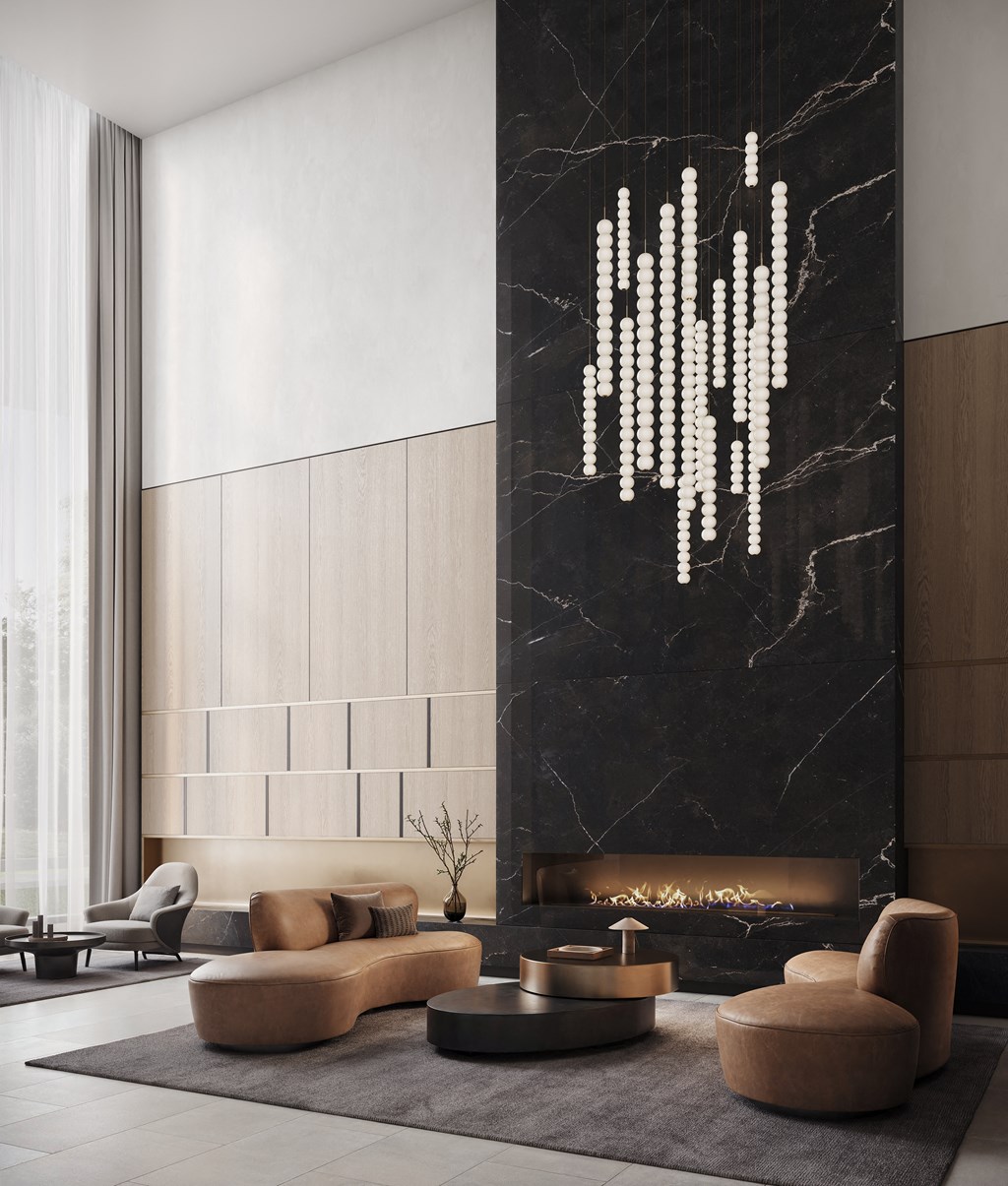 a living room with a fireplace and a chandelier