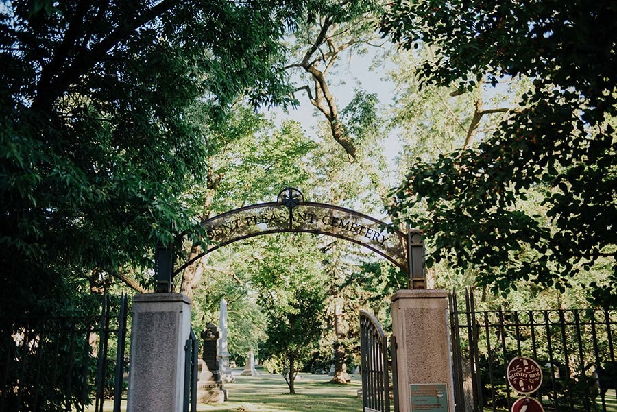 a gate in the middle of a park with trees