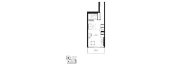 A floor plan of a house with a studio, bathroom, and balcony.