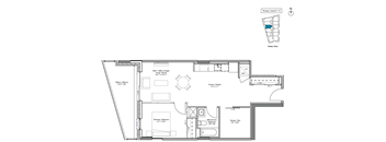 A floor plan of a building with a kitchen, living room, and bathrooms.