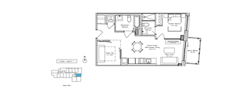 A floor plan of a house with a kitchen, living room, and bathrooms.