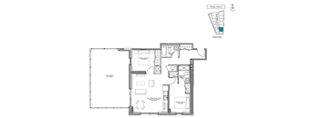 A floor plan of a house with a kitchen, living room, and bathrooms.
