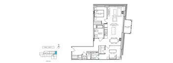 A floor plan of a house with a kitchen, living room, and bathrooms.