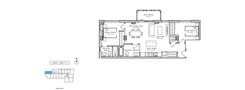 A floor plan of a residential building with a kitchen, living room, and two bedrooms.