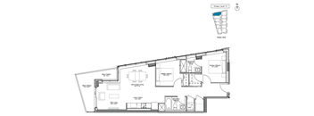A floor plan of a residential building with a kitchen, living room, and bathrooms.