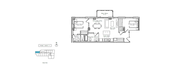 A floor plan of a house with a kitchen, living room, and bathrooms.