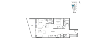 A floor plan of a boat with a kitchen, dining area, and bedrooms.