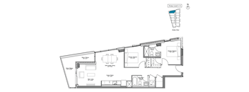 A floor plan of a house with a kitchen, living room, and bathrooms.