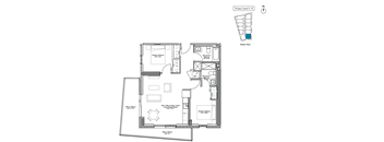 A floor plan of a house with a kitchen, living room, and two bedrooms.