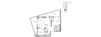 A floor plan of a house with a kitchen, living room, and bathrooms.