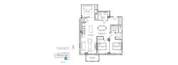 A floor plan of a house with a living room, dining room, kitchen, and two bedrooms.