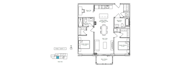A floor plan of a house with a kitchen, dining room, and two bedrooms.