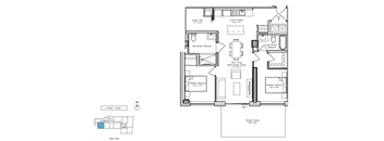 A floor plan of a house with a kitchen, living room, and bathrooms.
