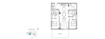 A floor plan of a house with a kitchen, living room, and two bedrooms.