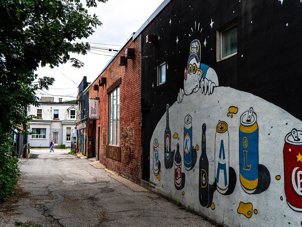 a mural on the side of a building in an alley