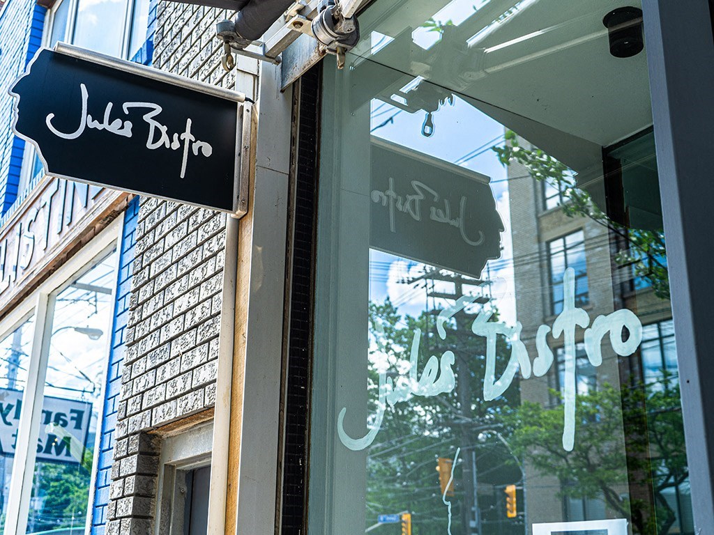 a window display of a store with a sign in the window