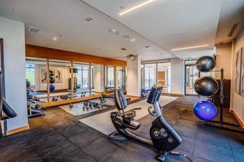 the gym has plenty of exercise equipment and windows