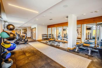 a gym with weights and other exercise equipment on a rug