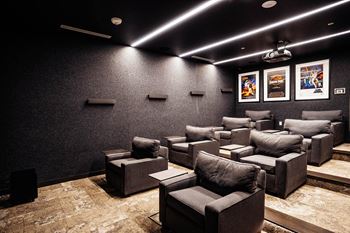 a large screening room with couches and chairs