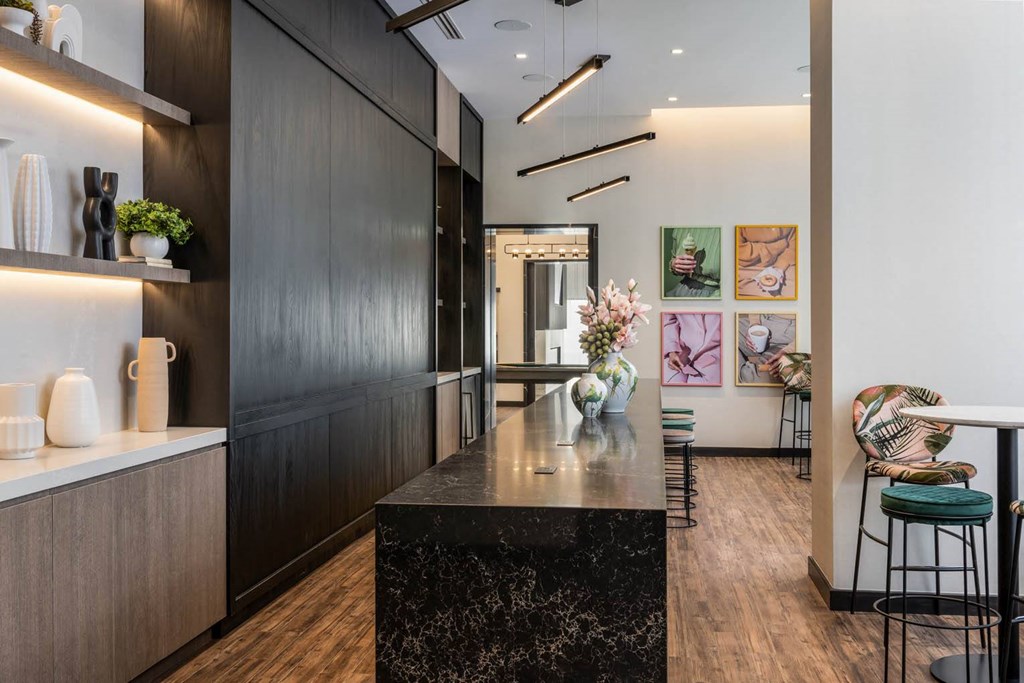 a kitchen with a long counter and black cabinets
