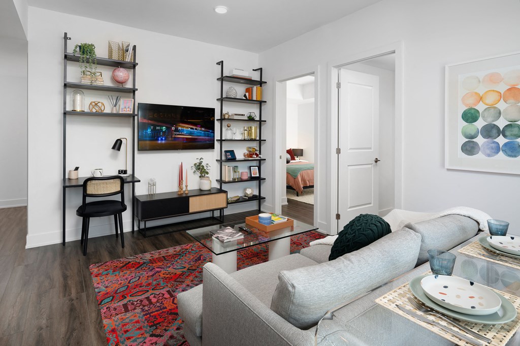 a living room with a couch and a coffee table