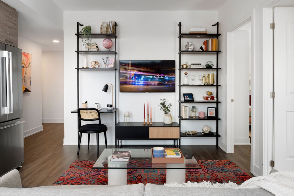 a living room with a couch and a coffee table