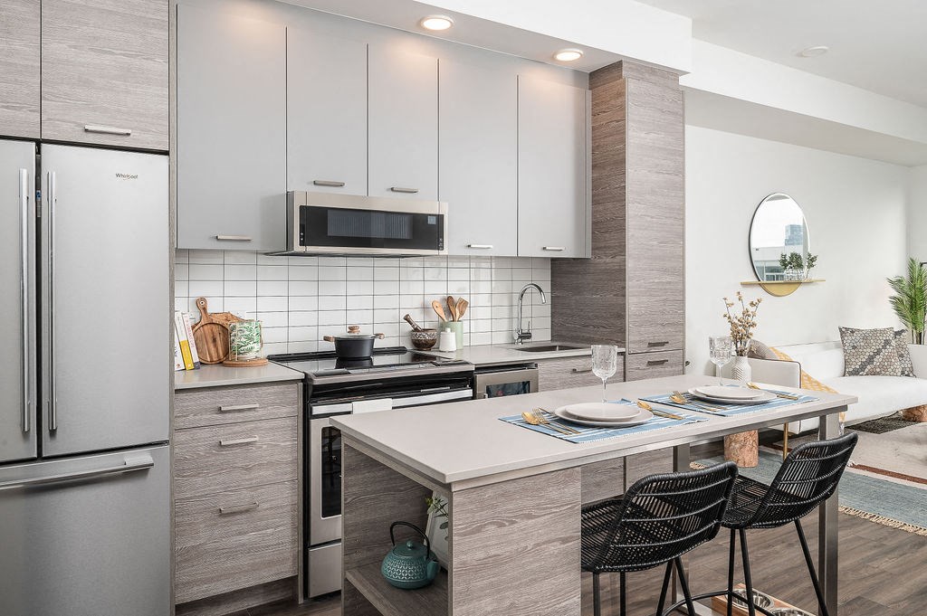 modern kitchen with stainless steel appliances
