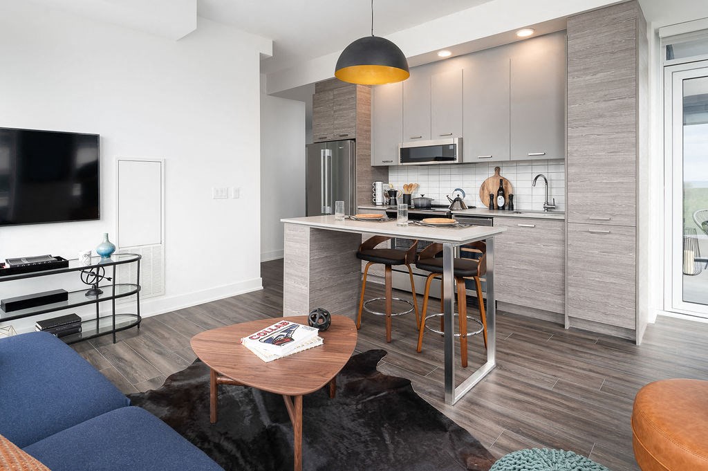 modern kitchen with barstools