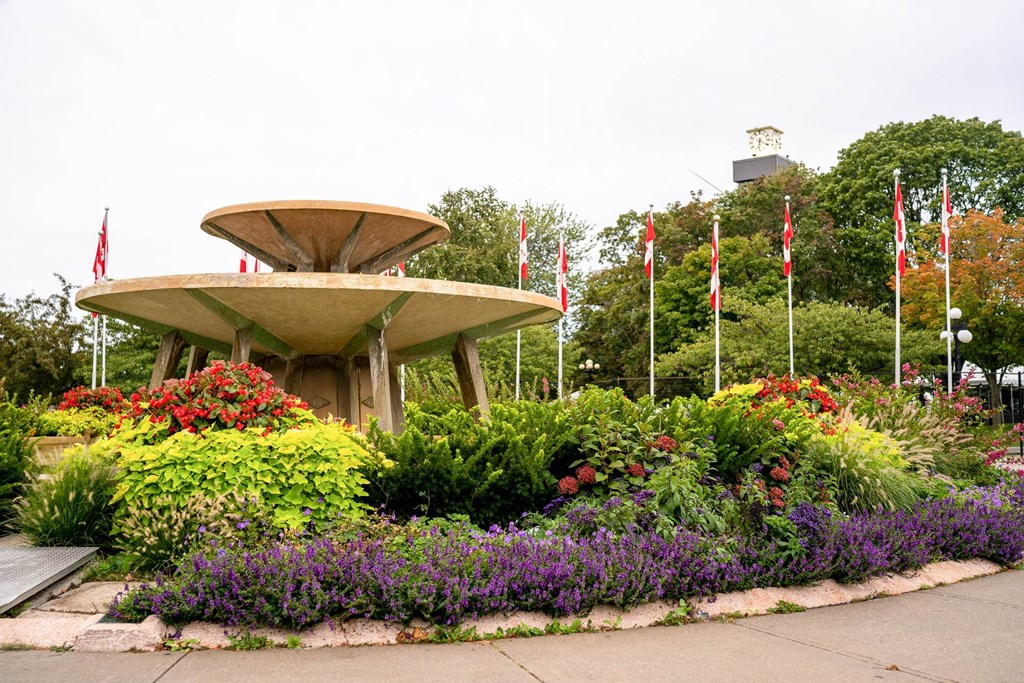 a garden with flowers and flags in a park