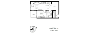A black and white image of a floor plan for a one bedroom apartment.