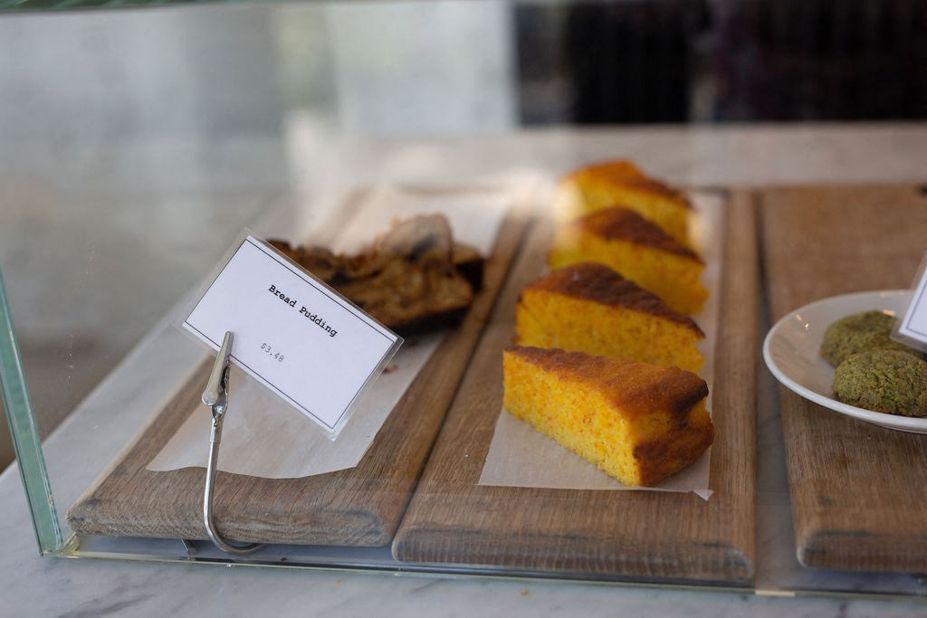 bread pudding behind glass