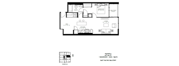 A black and white image of a floor plan for a one bedroom apartment with a den and a bath.